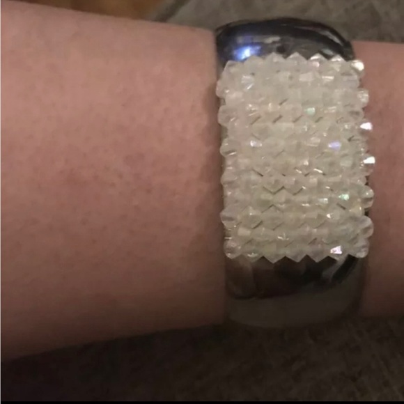 Aurora Borealis Geometric Square Beaded Large Thick Stainless Steel Cuff Bangle - Picture 5 of 12